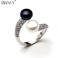 Beautiful Natural Double Pearl Rings For Women,Wedding 925 Silver Pearl Ring Adjustable Wife Mother Birthday Gift White Black