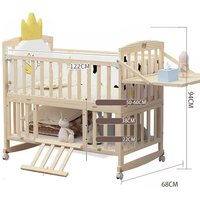 Solid Pine Wood Baby Crib Stitching Big Bed, Multifunctional Kid Cot Can Extend To 168cm Suit For Elder Children
