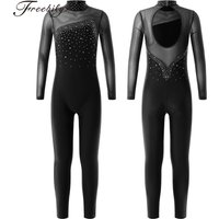 Kids Girls Long Sleeves Gymnastics Ballet Dance Leotard Unitard Mock Neck Mesh Dance Bodysuit Shiny Rhinestone Dance Costume