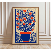 Bold Floral Wall Art Print, Modern Botanical Poster, Vibrant Plant Illustration, Contemporary Blue and Orange Artwork, Minimalis