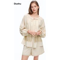 DUSHU 2026 Spring Women's French-Inspired Lace Panel Two-Piece Set - Short Sleeve Top High-Waist Shorts Casual Daily Outings