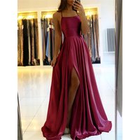 Burgundy Satin Beach Maxi Women Dress for Christmas Sexy Side Slit Adjustable Straps Evening Prom Dress Cheap Bridesmaid Dresses