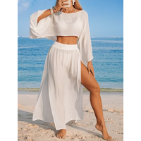 Women's New Summer White Long-Sleeved Slit Casual Beach Cover-Up Two-Piece Set