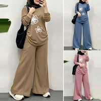 Ramadan Outfits ZANZEA Women Muslim 2 Piece Sets Hijab Traccksuit 2026 Casual O Neck Long Sleeve Flowers Tops Wide Leg Pant Sets