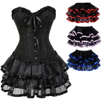 Women's Sexy Jacquard Lace Up Overbust Corset Bustiers Dress Gothic Body Shaper Mini Skirt Tutu Plus Size XS-7XL