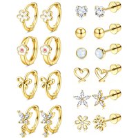 Bobisty 1Pair Hypoallergenic Screw Back Stud Hoop Earrings for Women Surgical Steel 14K Gold Plated Cute Heart CZ Flower Earring