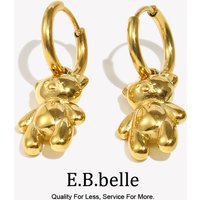 E.B.belle Gold Plated Cute Small Bear Hoop Earrings Stainless Steel Waterproof Glossy Animal Ear Jewelry