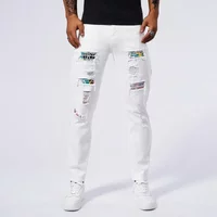 White 97% Cotton Jeans Men Clothing New Ripped Slim Patchwork Fashion Hole Skinny Elasticity Denim Trousers Male Streetwear
