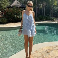 Woman Beach Chic Blue Mini Dress Elegant Women Tierred Sleeveless Backless Halter Dress Fashion Lady Summer Holiday Beach Dress