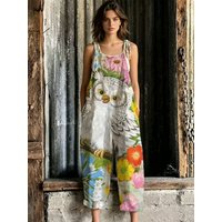 New Women Casual Sleeveless Spaghetti Strap Jumpsuits Cute Owl Floral Full Print Loose Baggy Wide Leg Overalls Bohemian Vintage