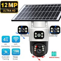 12MP Solar WIFI IP Camera CCTV Three Lens Three Screen Auto Tracking Outdoor 6K 4G Surveillance PTZ Camera Security Protection