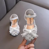 Children Autumn Rhinestone Bow Velcro Leather Shoes Girls Sequins Pearl Show Dance Shoes Girls Princesses Openwork Single Shoes