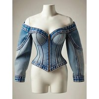 Goth Y2k Denim Top Women Elegant Off The Shoulder Zip Up Cardigan Short Slim Fit Long Sleeve Shirt Female Blouse Jacket