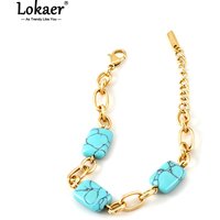 Lokaer Vintage Blue Turquoise Stone Beads Bracelet for Women Trendy Bohemia Stainless Steel Link Chain Jewelry Waterproof B26019