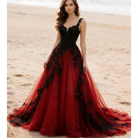 Retro Bohemian Black And Red Gothic Wedding Dress 2026 Halloween Vampire A Line Tulle Beach Lace Bridal Gown Backless Civil Boho