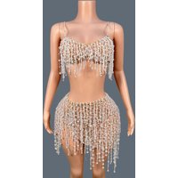 Clear Crystal Beaded Tassel Two Piece Set Spaghetti Strap Crop Top Mini Skirt Mesh Stage Performance Club Sexy Outfit Bingbao