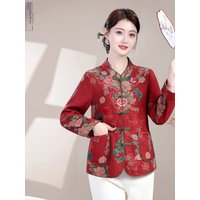 Elegant Embroidered Chinese Style Jacket for Women with Button Detail Wedding Banquet Outerwear Warm Fleece Lined Coat