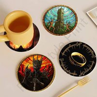 L-Lords of the R-RingES-S Heat Resistant Round Wooden Coasters Non-slip Drink Cafe Decoration 2D Flat Color Print Coasters