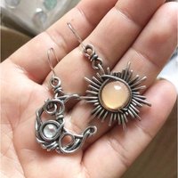 Vintage Silver Color White Light Colored Stone Dangle Earrings Woman Star Moon Party Daily Wear