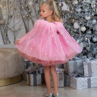 Lovely Flower Girl Dresses Tulle Puffy Sequin With Bow Feather Cloak Shoulders For Wedding Kids Birthday Banquet Princess Gowns