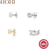 ROXI 925 Sterling Silver Starburst/Three-Zircon/Heart Piercing Stud & Zircon Ear Cuff for Women 1PC Cartilage Jewelry