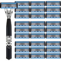 Men's 6-Blade Manual Razor with Non-Slip Handle and Multiple Replacement Blades - Ideal for Trimming Beards and Mustaches