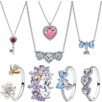 Pink Heart Blue Bow Key Pendent Necklace 925 Silver Shiny Diamond Gem Adjustable Chain Flower Rings Earrings Fine Jewelry Set