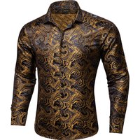 2026 Luxury Men Dress Shirt Formal Prom Tuxedo Long Sleeve Silk Polyester Golden Color Paisley Black Shirts Blouse Men Clothing