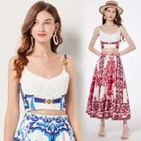 Women's Blue and White Porcelain Dress, Heavy Industry, Metal Buckle, Bra Strap Skirt, Top Swing, Half Skirt, 2 Piece Set Suit,