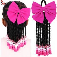 Leeons 8 Inch Kids Braid Ponytail Extension With Elastic Beads For Girls With Bead Decoration Synthetic Hairpiece Black