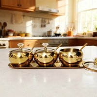 1set Three-piece stainless steel seasoning jar set,Spice jar with lid and spoon gold Seasoning jars with serving tray,Kitchen Ja