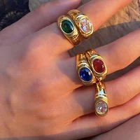 Waterproof Natural Green Stone Ring for Women Vintage Gold Color Aventurine Stone Rings Adjustable Women Female Jewelry Gifts