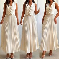 Women 3D Floral Decor Sleeveless Blazer Top & High Waist Pleated Maxi Skirt Set Solid Two Pieces Dress Set Outfits