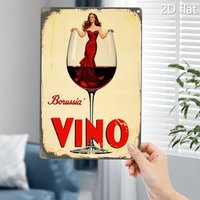 Vintage Bordeaux Wine Lady Metal Tin Sign - Rustic Red Wine Bottle Illustration, , Indoor/Outdoor Wall Art Decor, Holiday Gi