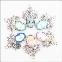 6Pcs Tibetan Silver Plated Retro Oval Beauty Mixed Resin Charms Pendants 23x32mm