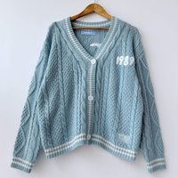 Women Loose Fit Blue 1989 TV Soft Knitted Cardigan Autumn Vintage Cozy Chunky Oversized Seagull Embroidery Cardigan Sweater