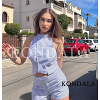 KONDALA Women High Street Fashion Striped Set Ladies Halter Vest Top,Mini Shorts New 2026 Summer Trendy Holiday Party Shorts Set
