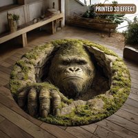 Bigfoot 3D Illusion Round Rug Rustic Forest Sasquatch Optical Illusion Non-slip Floor Mat for Cabin Living Room Home Decor