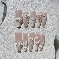 Cute 3D Pearl Bow French Handmade Press On Nails Sweet Plaid Skirt Ballet Long Nail Art Beaded Glitter White Fake Nails