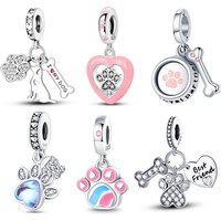 Charm Plata 925 Pet Charm Collection, Paw Print Dog Bone Heart Charms Beads Fits 3mm Original Bracelet Womens DIY Jewelry Gifts