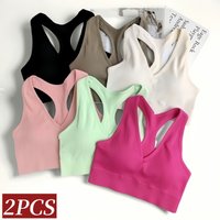 2Pcs/Set Women Deep V Neck Y-Back Padded Tank Bra Rib Cropped Tank Bralette Racerback Strap Daily Inner Top One Size Underwear
