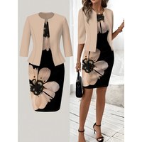 Printed Design Autumn and winter styles casual style Large Floral Print Design crew neck dress suit