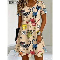 Fun and Cute Cat Print Round Neck Short Sleeved Loose Fit Summer Women's A-Line Dress