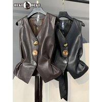Office Female Solid Color Genuine Leather V Neck Vest Design Single-Breasted Adjustable Waist Sheepskin Sleeveless Outerwear
