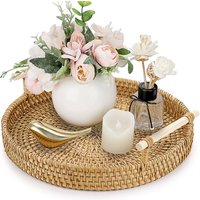 Simulated Woven Rattan Storage Tray Basket With Wooden Handle Bread Basket Tray Fruit Wicker Tray Coffee Table Decorative Tray