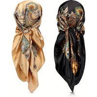 2pcs Leopard Print Color Block Head Scarf Elegant Versatile Bandana Hair Wrap for Women