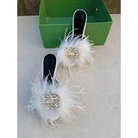 New square button feather French retro high heels, women's cool slippers, fashionable women's shoes