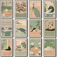 Japanese Bathroom Art Poster Cute Animals in Bathtub Canvas Printed Decorative Painting, Used for Bathroom Decoration, Framel