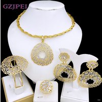 Luxury Women Jewelry Set 18K Gold Plated Elegant Two Tone Big Drop Earrings Accessories Necklace Ring Bracelet Dubai Set Jewelry