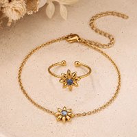 2 Pcs/set Blue Zircon Small Flower Stainless Steel Ring Bracelet Set for Women Gold Color Jewelry Sets Wedding Accessories Gift